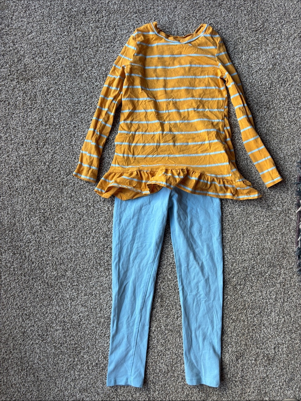 Kids Striped Yellow Ruffle Top & Light Blue Leggings Matching Set